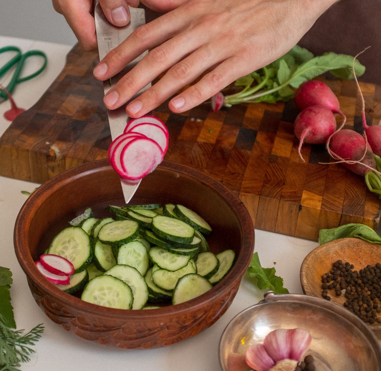 Multi-function vegetable cutter for dicing cucumbers and radishes in Indian kitchen