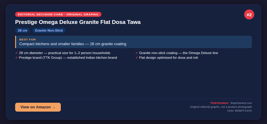 Prestige Omega Deluxe Granite Flat Dosa Tawa decision card — ThePicksNest original editorial graphic