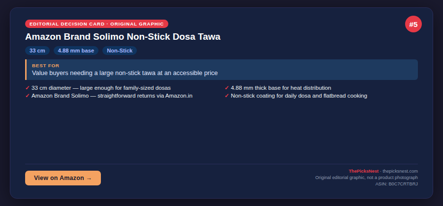 Amazon Brand Solimo Non-Stick Dosa Tawa decision card — ThePicksNest original editorial graphic
