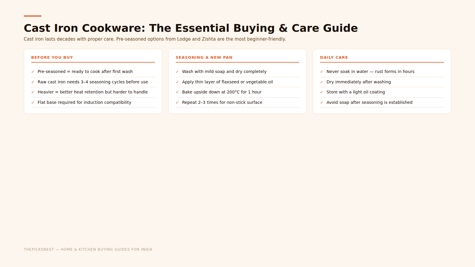 Cast iron cookware care and buying checklist India 2026