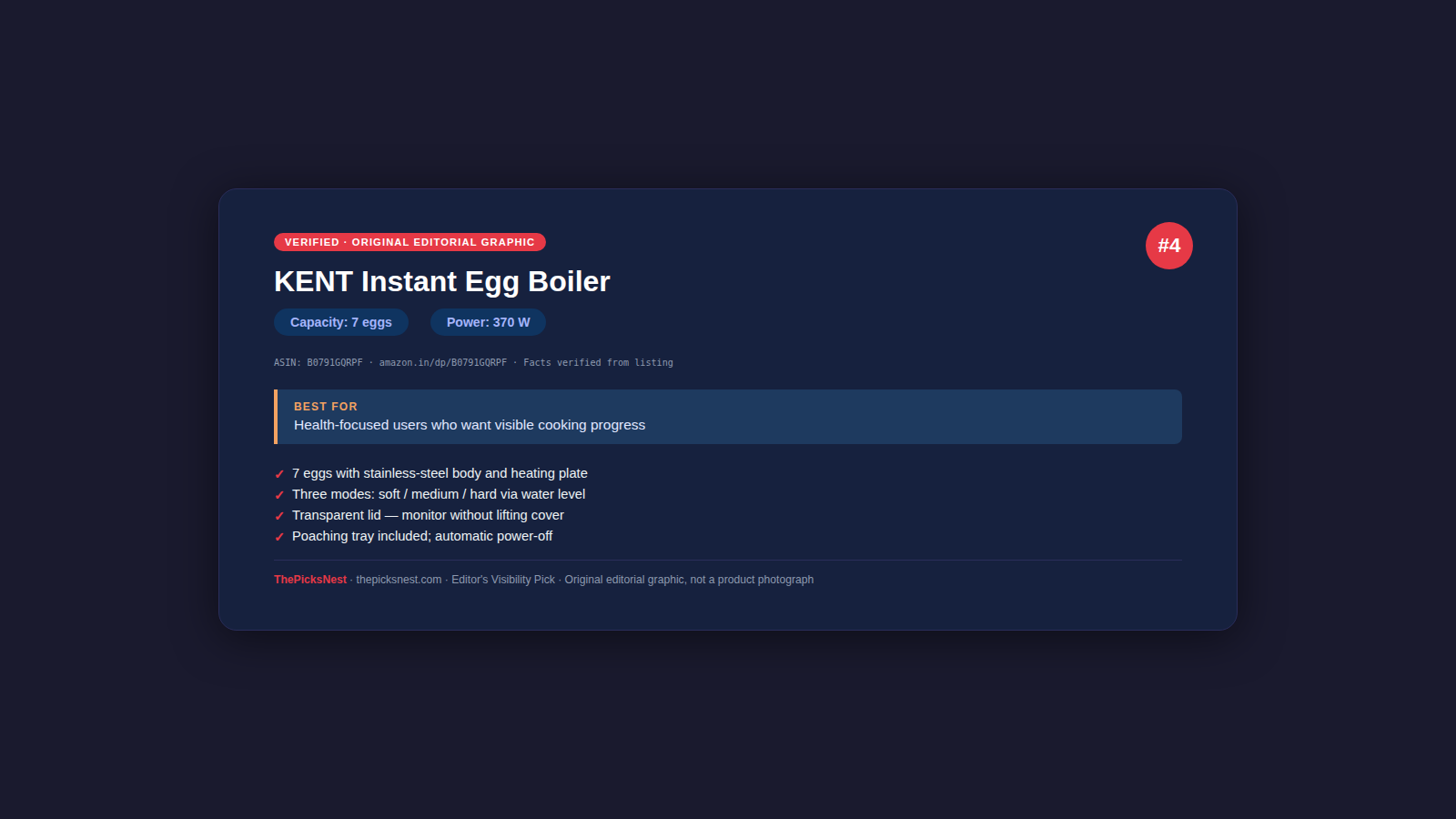 KENT Instant Egg Boiler 7-egg 370W decision card — ThePicksNest original editorial graphic, not a product photograph