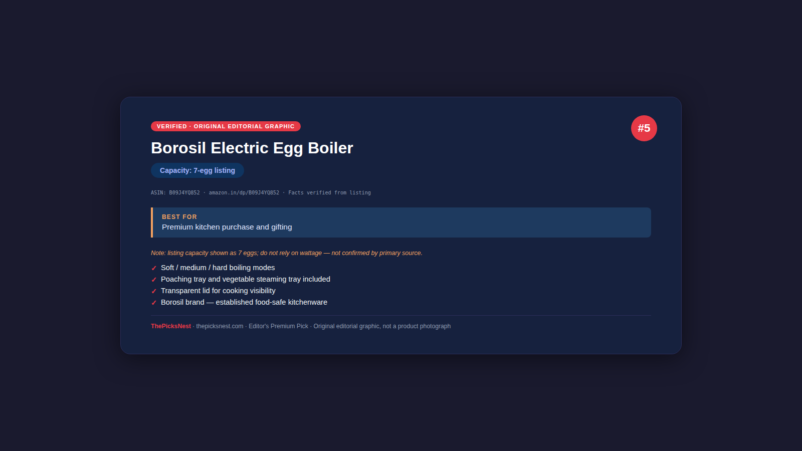 Borosil electric egg boiler 7-egg-listing decision card — ThePicksNest original editorial graphic, not a product photograph