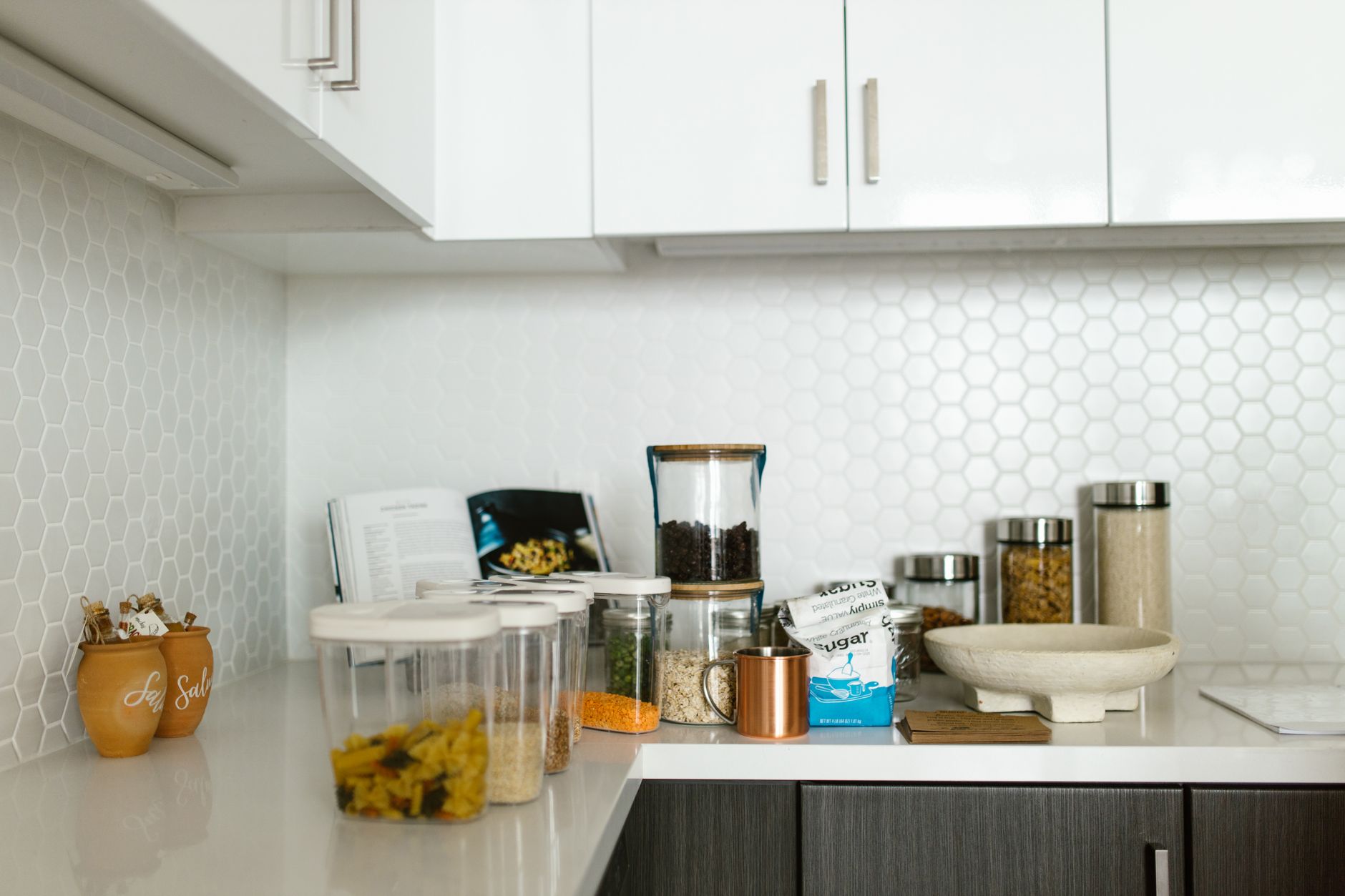 Countertop kitchen canister storage organiser set with airtight containers for grains, dal and spices in Indian home kitchen - buy on Amazon India