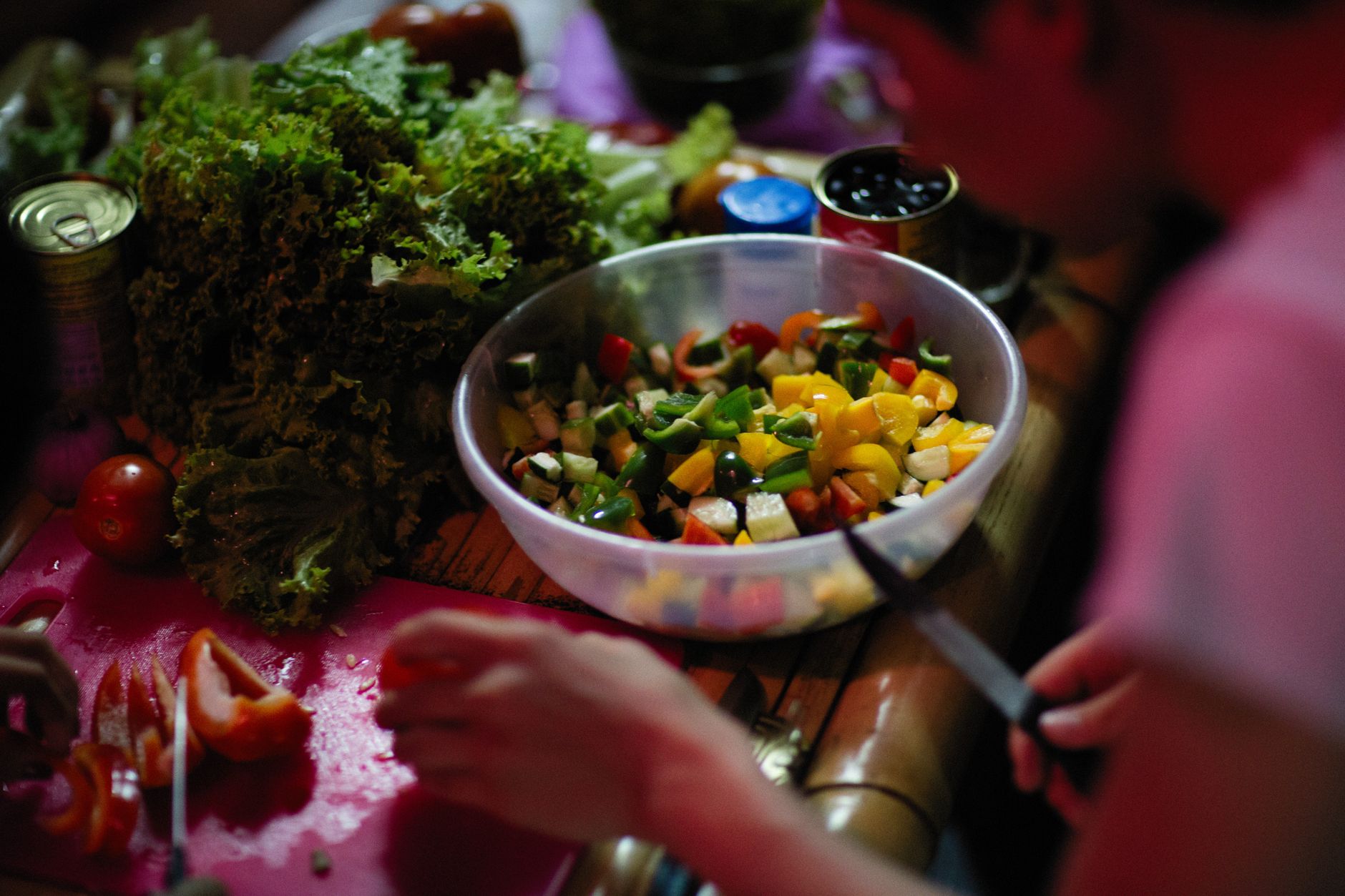 Freshly diced mixed salad vegetables prepared with a home vegetable chopper