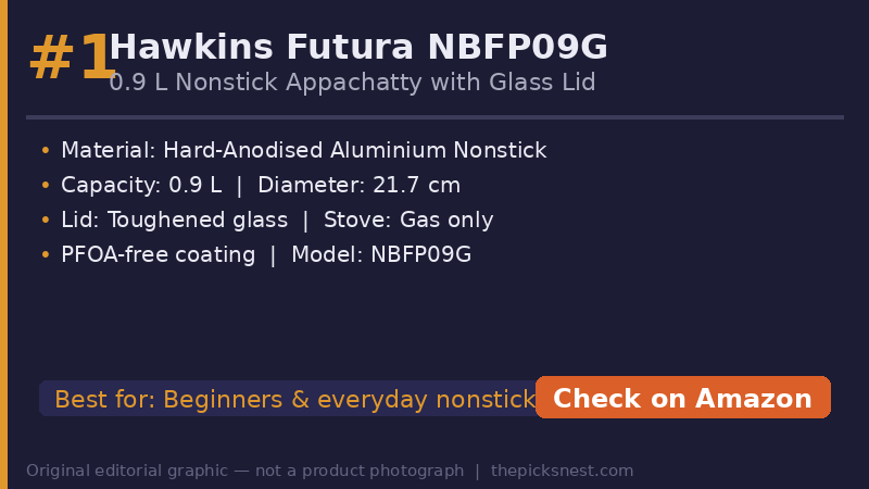 Hawkins Futura NBFP09G nonstick appam chatti buying decision card — original editorial comparison graphic — not a product photograph