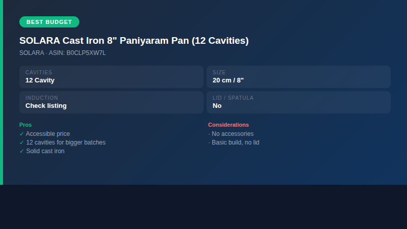 SOLARA Cast Iron Paniyaram Pan — original editorial decision graphic, not a product photograph