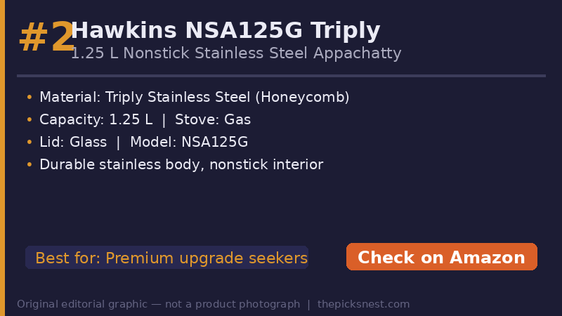 Hawkins NSA125G triply stainless steel appachatty buying decision card — original editorial comparison graphic — not a product photograph