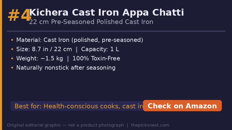 Kichera pre-seasoned polished cast iron appa chatti 22cm buying decision card — original editorial comparison graphic — not a product photograph