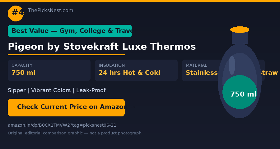 Pigeon by Stovekraft Luxe Thermos Stainless Steel Sipper Flask 750ml — original editorial comparison graphic — not a product photograph