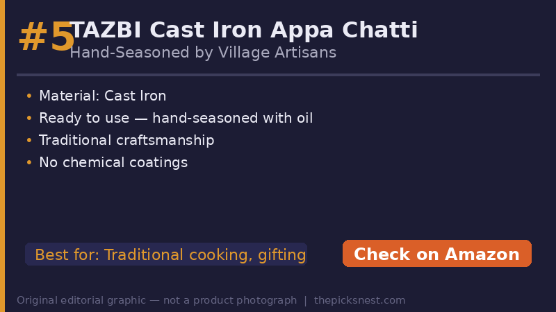 TAZBI hand-seasoned cast iron appa chatti buying decision card — original editorial comparison graphic — not a product photograph