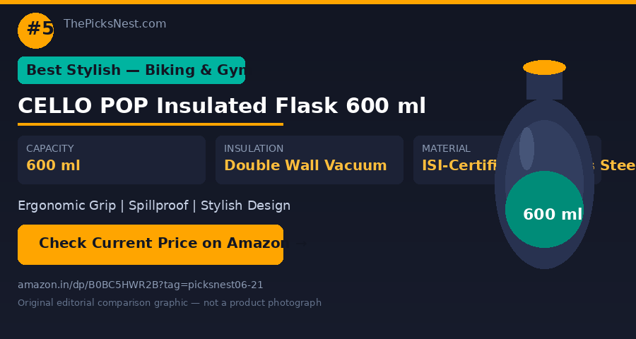CELLO POP Insulated Stainless Steel Hot & Cold Flask 600 ml — original editorial comparison graphic — not a product photograph