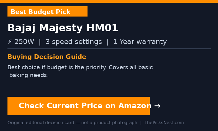 Original editorial decision card — not a product photograph. Bajaj Majesty HM01 electric hand mixer buying guide by ThePicksNest.