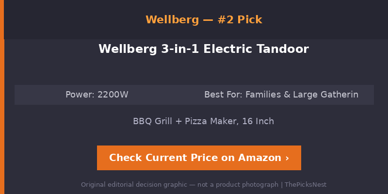 Wellberg 2200W 3-in-1 Electric Tandoor editorial decision card — original comparison graphic by ThePicksNest, not a product photograph