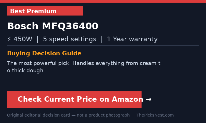 Original editorial decision card — not a product photograph. Bosch ErgoMixx MFQ36400 hand mixer buying guide by ThePicksNest.