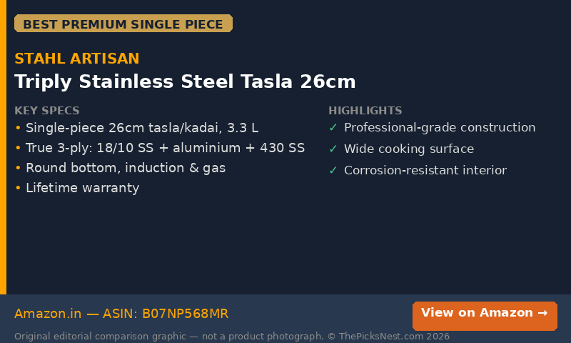 Original editorial comparison graphic — not a product photograph. Stahl Artisan Triply Tasla 26cm decision card.
