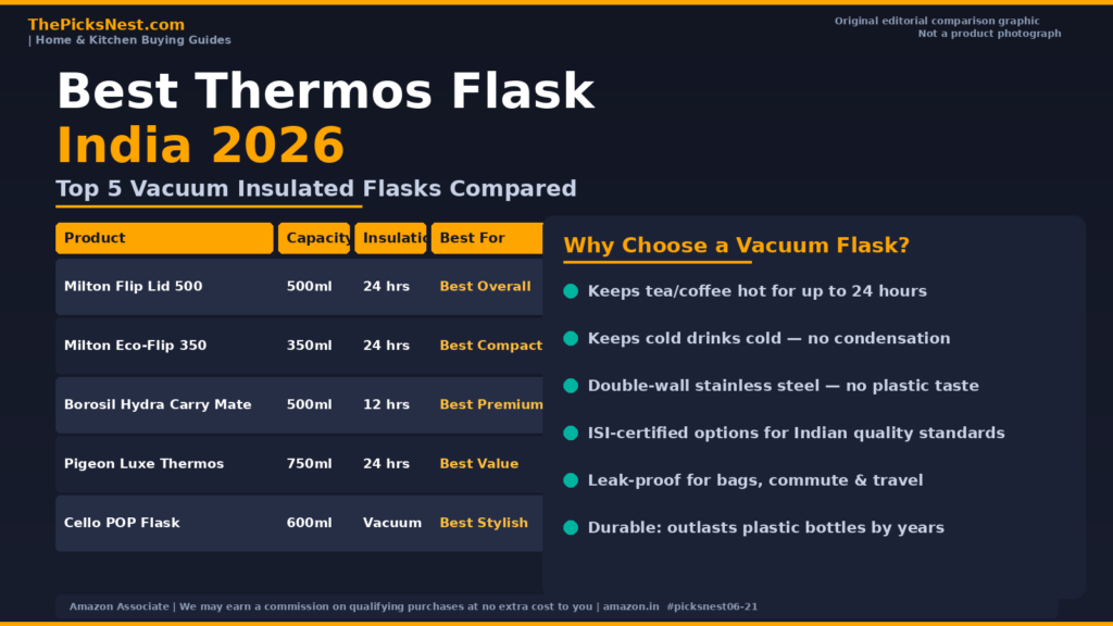 Best Thermos Flask India 2026 — original editorial comparison graphic, not a product photograph